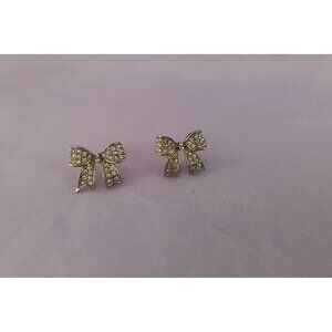 Vintage Sparkling Rhinestone Bow Stud Earrings Silver Tone